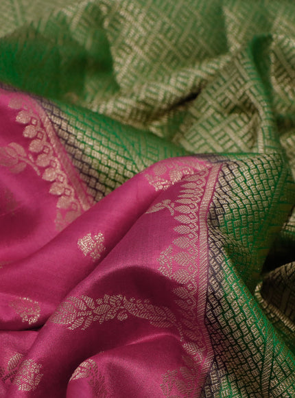 Chiniya silk saree pink and green with allover zari weaves and long zari woven border