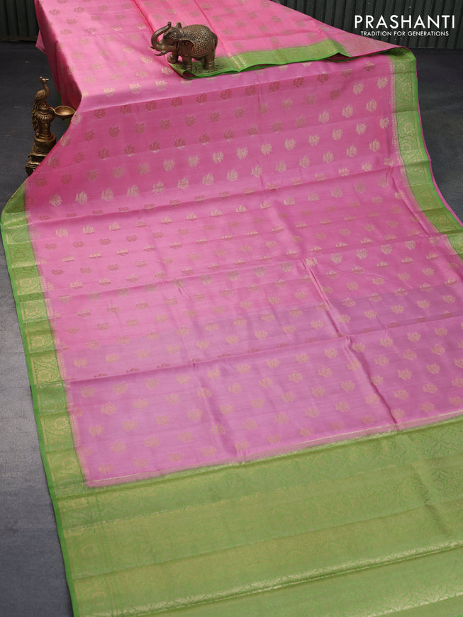 Chiniya silk saree pink and green with zari woven buttas and zari woven border