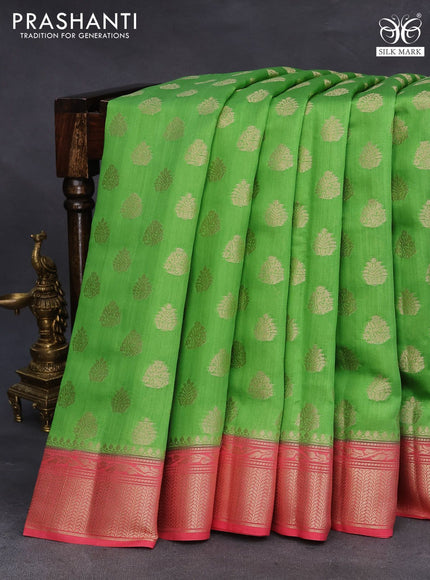 Chiniya silk saree light green and red shade with zari woven buttas and zari woven border