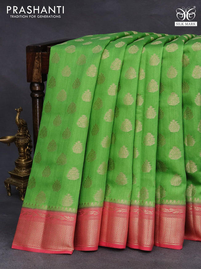 Chiniya silk saree light green and red shade with zari woven buttas and zari woven border