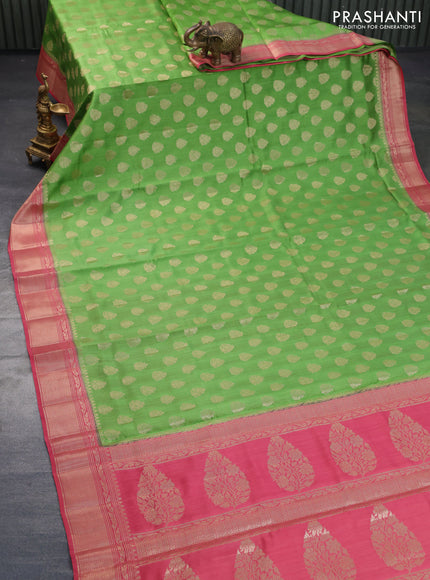 Chiniya silk saree light green and red shade with zari woven buttas and zari woven border