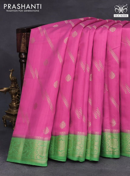 Chiniya silk saree pink and green with allover zari weaves and zari woven border