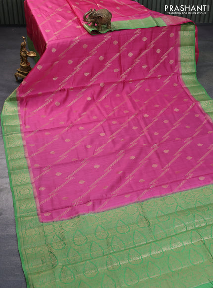 Chiniya silk saree pink and green with allover zari weaves and zari woven border