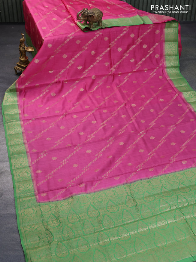 Chiniya silk saree pink and green with allover zari weaves and zari woven border