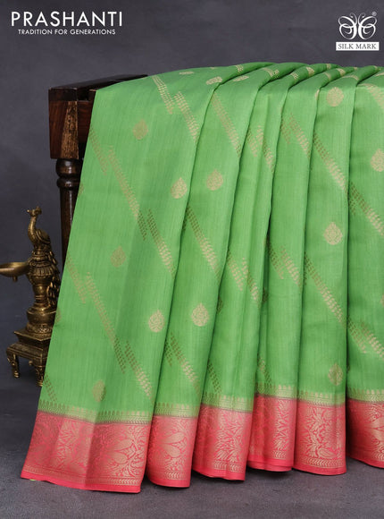 Chiniya silk saree light green and pink with allover zari weaves and zari woven border