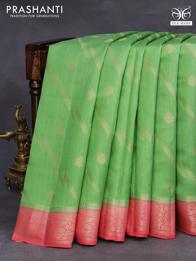 Chiniya silk saree light green and pink with allover zari weaves and zari woven border