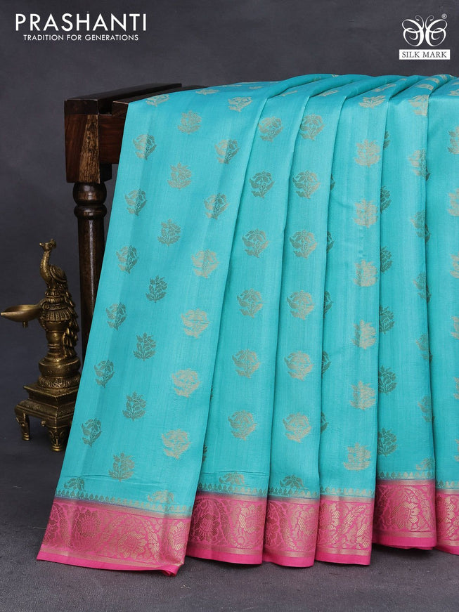 Chiniya silk saree light blue and pink with zari woven buttas and zari woven border