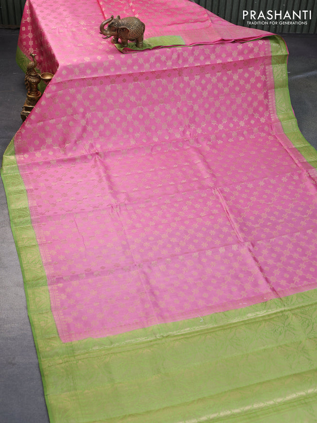 Chiniya silk saree light pink and light green with allover zari weaves and zari woven border