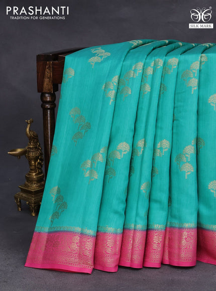 Chiniya silk saree teal green and pink with zari woven buttas and zari woven border