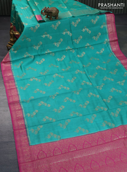 Chiniya silk saree teal green and pink with zari woven buttas and zari woven border