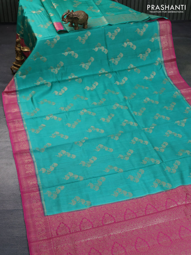 Chiniya silk saree teal green and pink with zari woven buttas and zari woven border