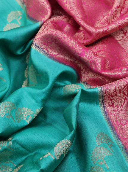 Chiniya silk saree teal green and pink with zari woven buttas and zari woven border