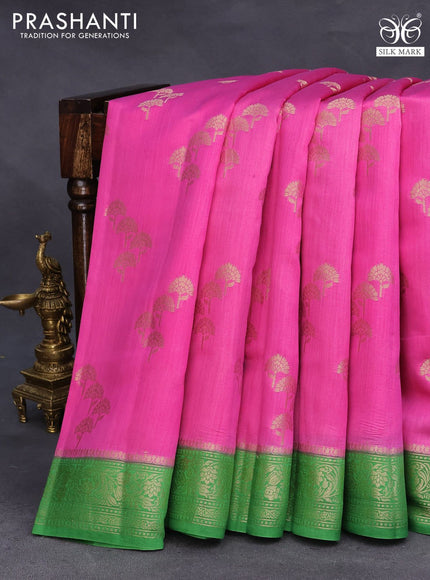 Chiniya silk saree pink shade and green with zari woven buttas and zari woven border