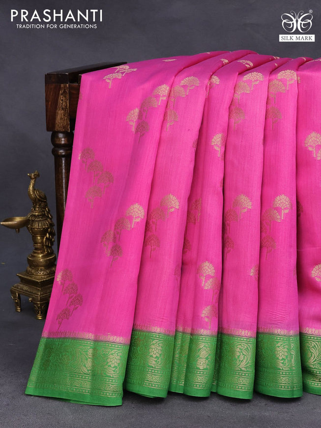 Chiniya silk saree pink shade and green with zari woven buttas and zari woven border