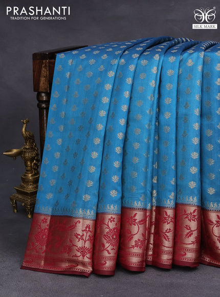 Chiniya silk saree blue and maroon with allover zari woven butta weaves and zari woven border