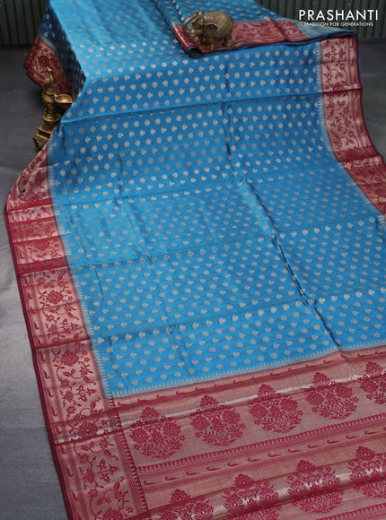 Chiniya silk saree blue and maroon with allover zari woven butta weaves and zari woven border