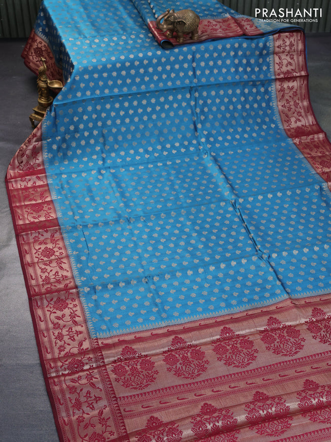 Chiniya silk saree blue and maroon with allover zari woven butta weaves and zari woven border