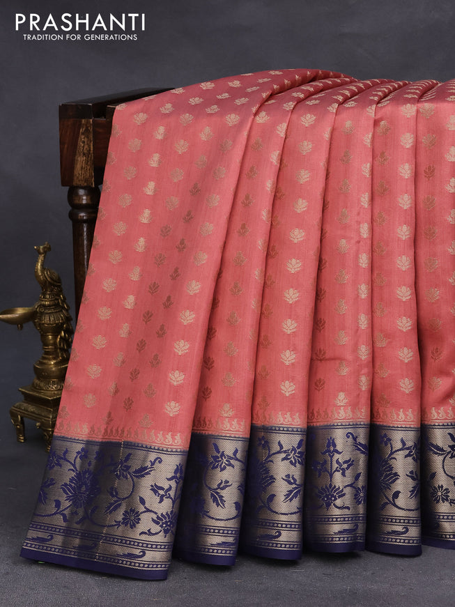 Chiniya silk saree rust shade and dark blue with allover zari woven butta weaves and zari woven border