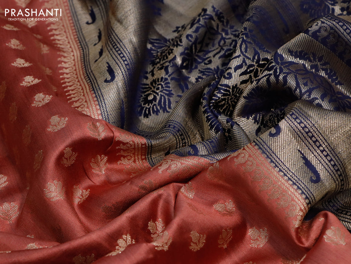 Chiniya silk saree rust shade and dark blue with allover zari woven butta weaves and zari woven border