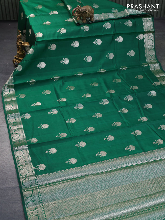 Chiniya silk saree green and red with zari woven floral buttas and floral zari woven border