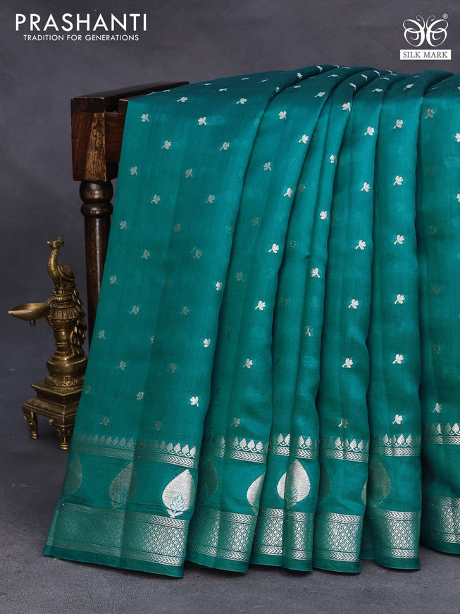 Chiniya silk saree teal green with allover zari woven buttas and zari woven border