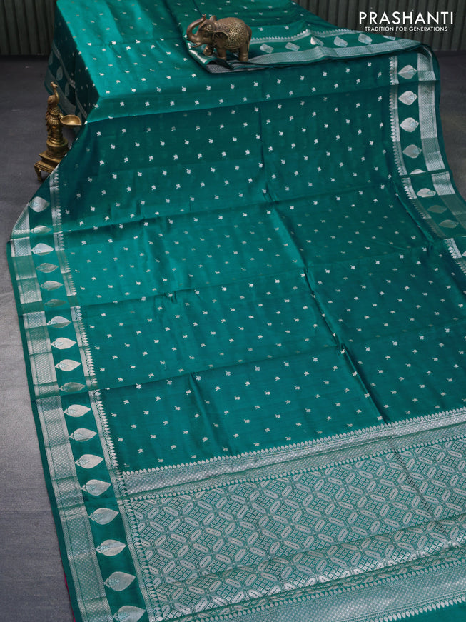 Chiniya silk saree teal green with allover zari woven buttas and zari woven border