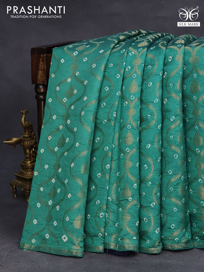 Chiniya silk saree teal green and navy blue with allover zari weaves & bandhani prints and zari woven piping border