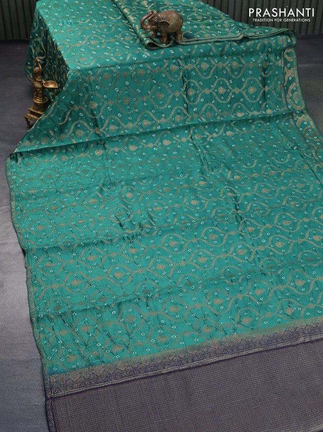 Chiniya silk saree teal green and navy blue with allover zari weaves & bandhani prints and zari woven piping border