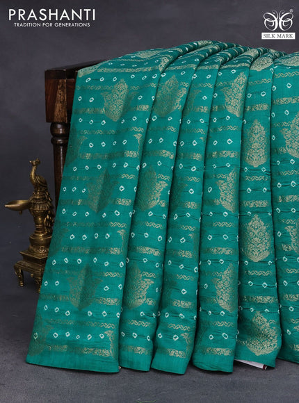 Chiniya silk saree teal green and grey shade with allover zari weaves & bandhani prints in boderless style