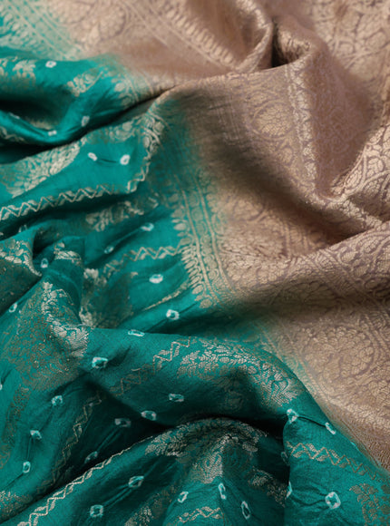 Chiniya silk saree teal green and grey shade with allover zari weaves & bandhani prints in boderless style