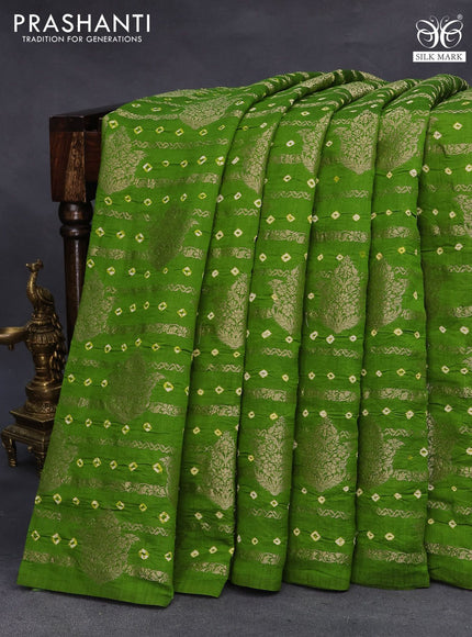 Chiniya silk saree sap green with allover zari weaves & bandhani prints in boderless style