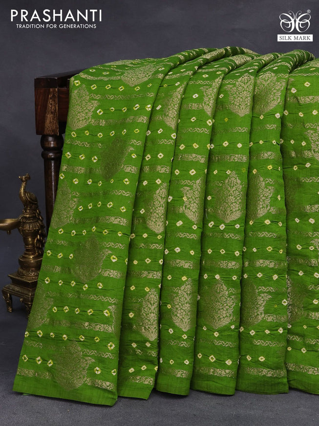 Chiniya silk saree sap green with allover zari weaves & bandhani prints in boderless style