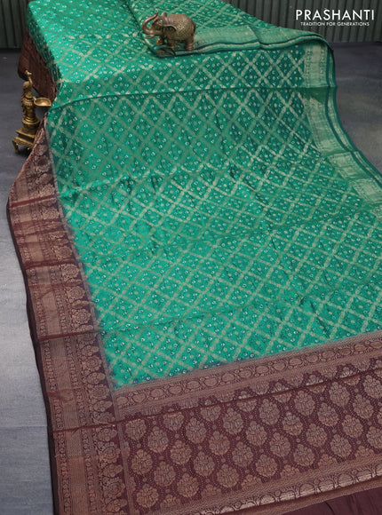 Chiniya silk saree teal green and maroon with allover zari weaves & bandhani prints and zari woven border