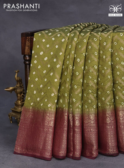 Chiniya silk saree sap green and wine shade with allover zari weaves & bandhani prints and long zari woven border