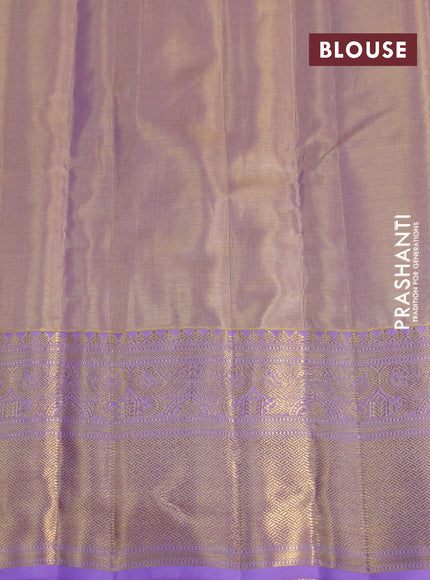 Kanchipuram tissue silk saree dual shade of gold and lavender shade with allover silver zari woven brocade weaves and long zari woven border