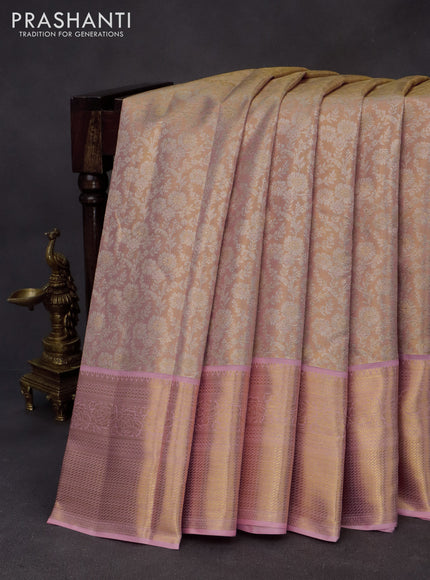 Kanchipuram tissue silk saree dual shade of gold and light pink with allover silver zari woven brocade weaves and long zari woven border