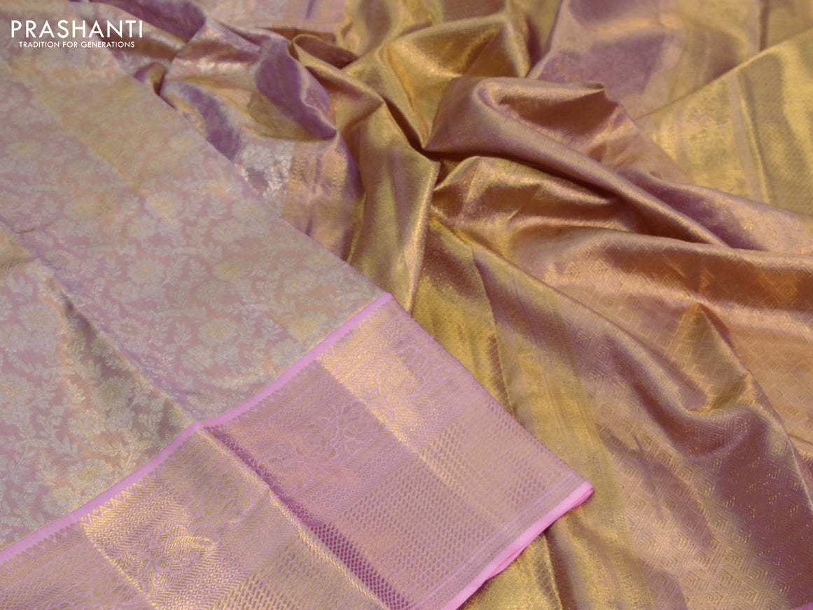 Kanchipuram tissue silk saree dual shade of gold and light pink with allover silver zari woven brocade weaves and long zari woven border