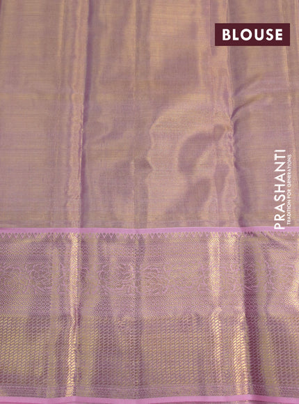 Kanchipuram tissue silk saree dual shade of gold and light pink with allover silver zari woven brocade weaves and long zari woven border