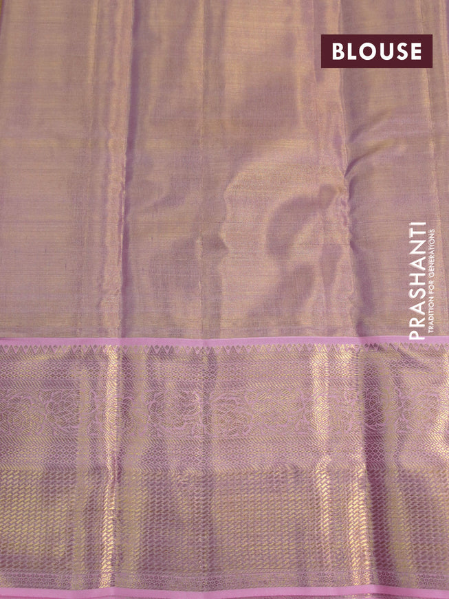 Kanchipuram tissue silk saree dual shade of gold and light pink with allover silver zari woven brocade weaves and long zari woven border