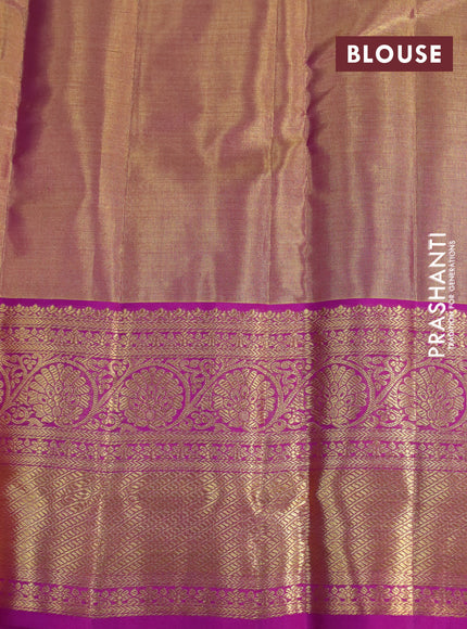 Kanchipuram tissue silk saree dual shade of gold and purple with allover silver zari woven brocade weaves and long zari woven border