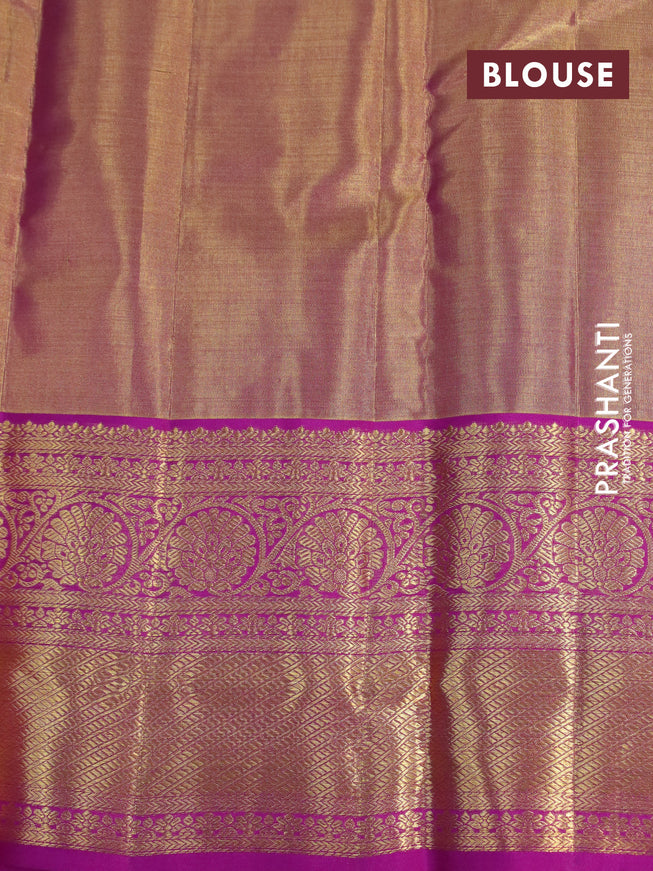 Kanchipuram tissue silk saree dual shade of gold and purple with allover silver zari woven brocade weaves and long zari woven border