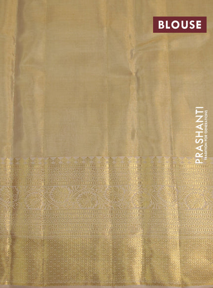 Kanchipuram tissue silk saree sandal with allover silver zari woven brocade weaves and long zari woven border