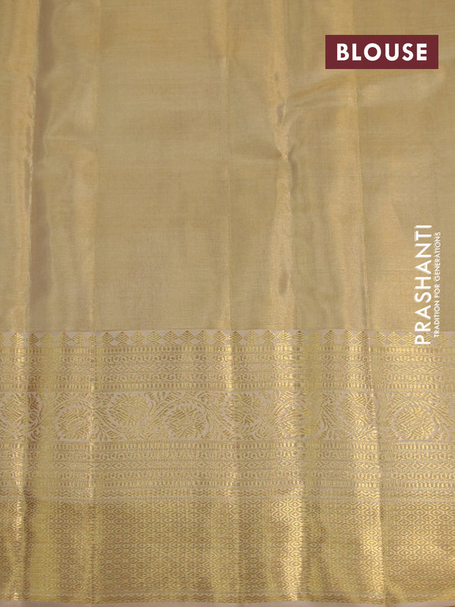 Kanchipuram tissue silk saree sandal with allover silver zari woven brocade weaves and long zari woven border