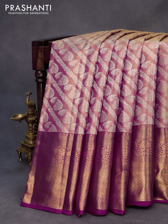 Kanchipuram tissue silk saree dual shade of gold and purple with allover zari woven brocade weaves and long zari woven border