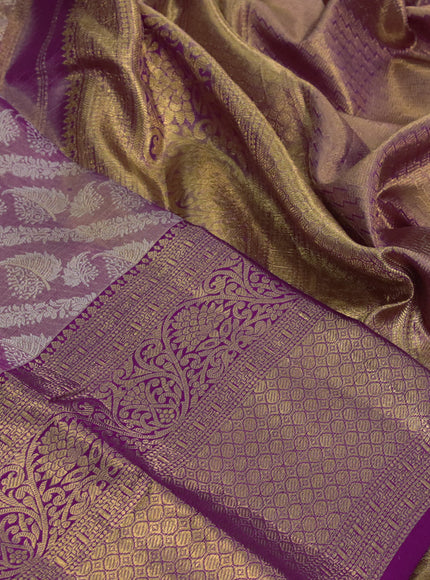 Kanchipuram tissue silk saree dual shade of gold and purple with allover zari woven brocade weaves and long zari woven border