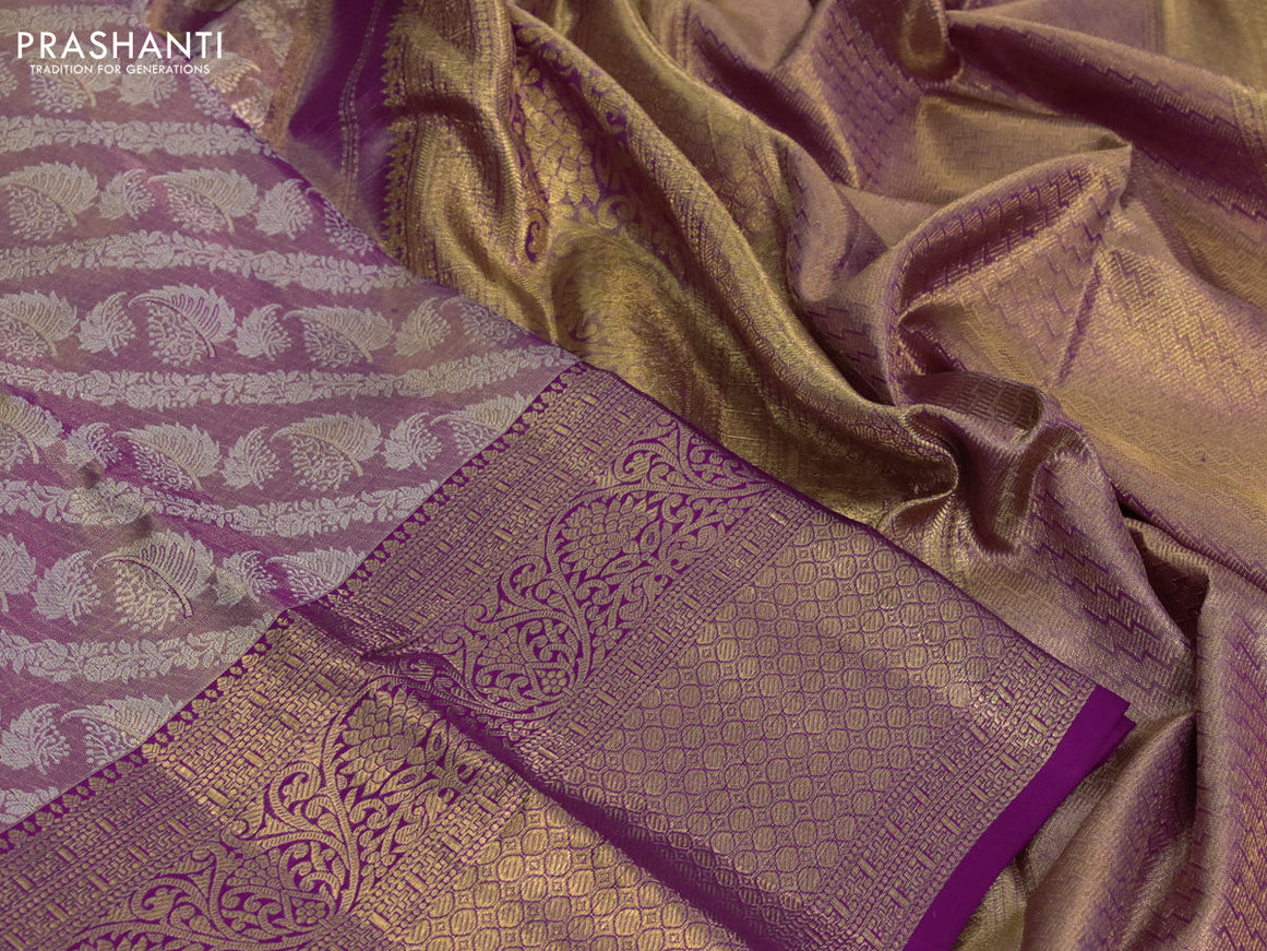 Kanchipuram tissue silk saree dual shade of gold and purple with allover zari woven brocade weaves and long zari woven border