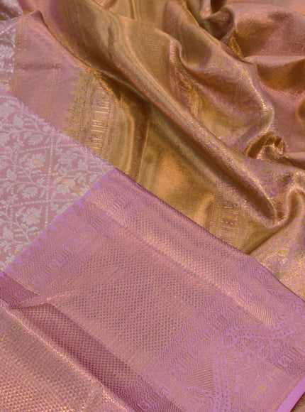 Kanchipuram tissue silk saree dual shade of gold and pastel pink with allover silver zari woven brocade weaves and long zari woven border