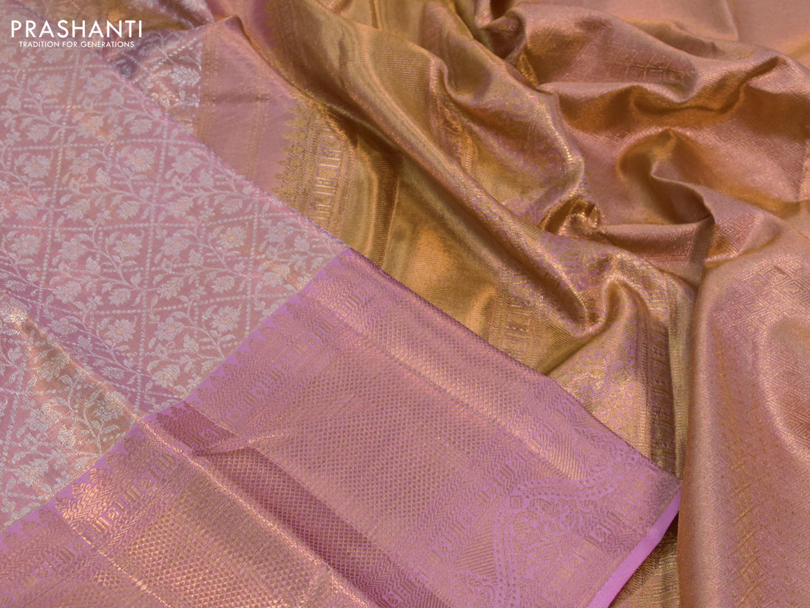 Kanchipuram tissue silk saree dual shade of gold and pastel pink with allover silver zari woven brocade weaves and long zari woven border