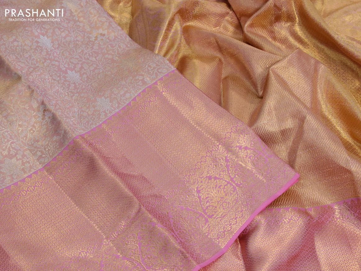 Kanchipuram tissue silk saree dual shade of peach and light pink with allover silver zari woven brocade weaves and long zari woven border