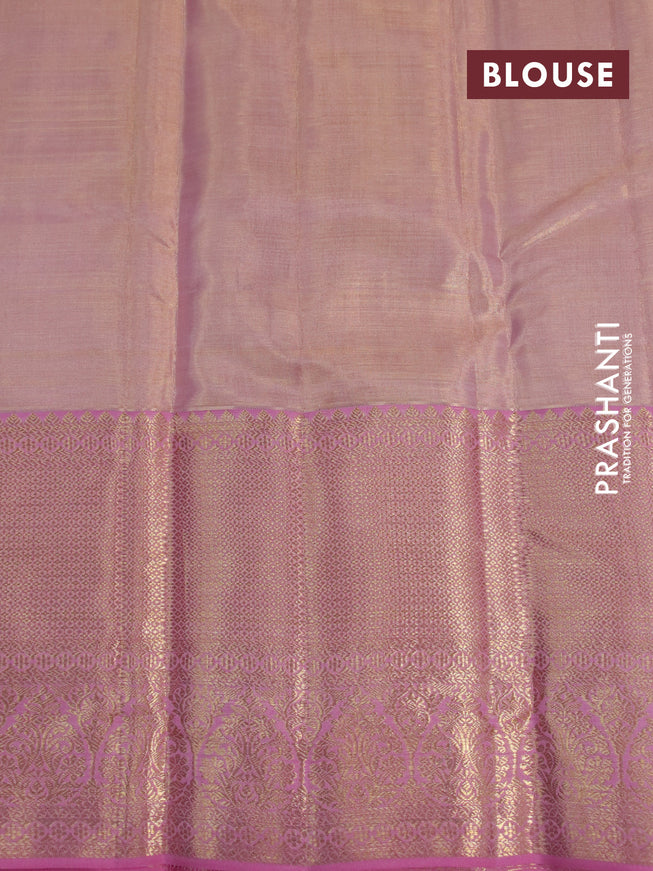 Kanchipuram tissue silk saree dual shade of peach and light pink with allover silver zari woven brocade weaves and long zari woven border